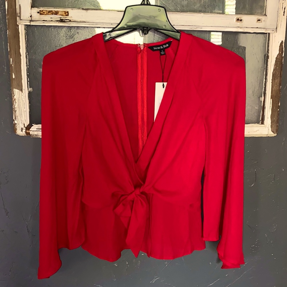 Red tie front flutter sleeve zip back top